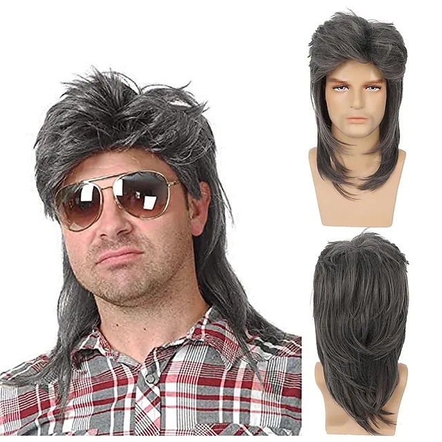 Wholesale Men's 80S Fancy Dress Party Mullet Rocker Style Wig Heat-Resistant Fiber Synthetic Long Straight Black Cosplay Wigs