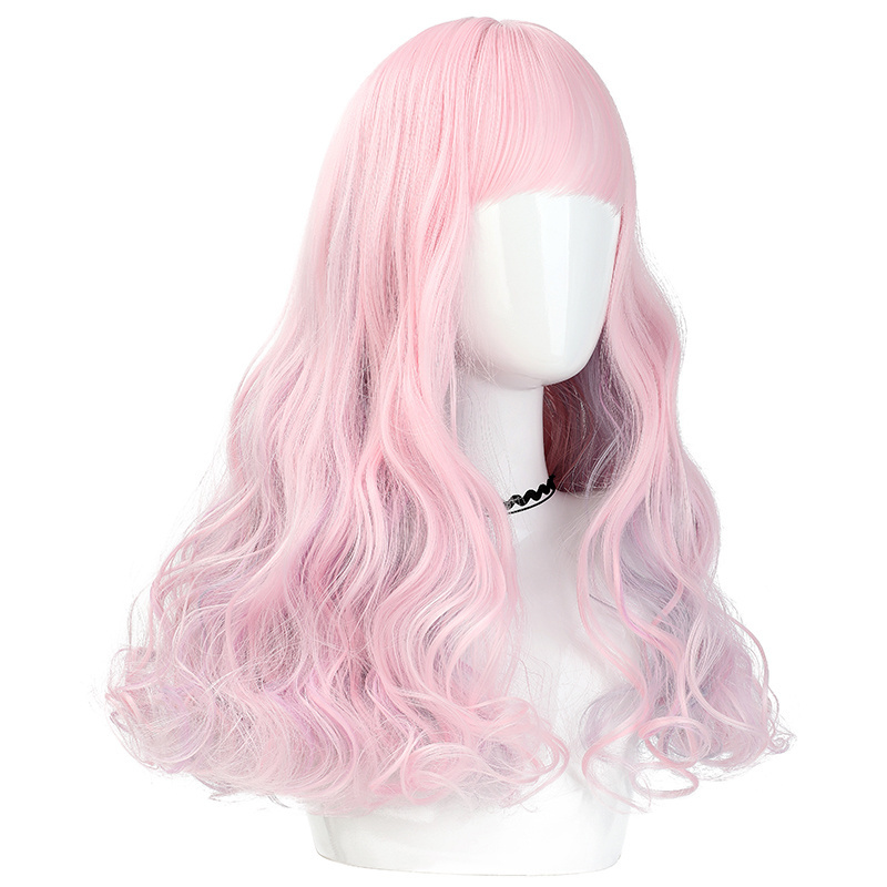 Factory ODM top selling japanese lolita cosplay cute girls pink long big wave hair simulation high temperature wire no lace wig