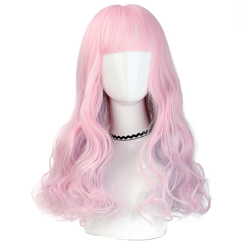 Factory ODM top selling japanese lolita cosplay cute girls pink long big wave hair simulation high temperature wire no lace wig