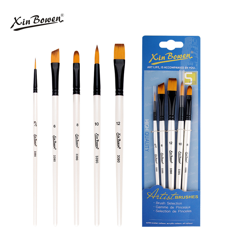 Xin Bowen Manufacturer Supplier Nylon Wool 5 Pcs Artist Watercolor Gouache Drawing Paint Brushes For Art With PVC Bag