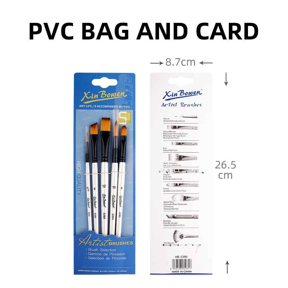 Xin Bowen Manufacturer Supplier Nylon Wool 5 Pcs Artist Watercolor Gouache Drawing Paint Brushes For Art With PVC Bag