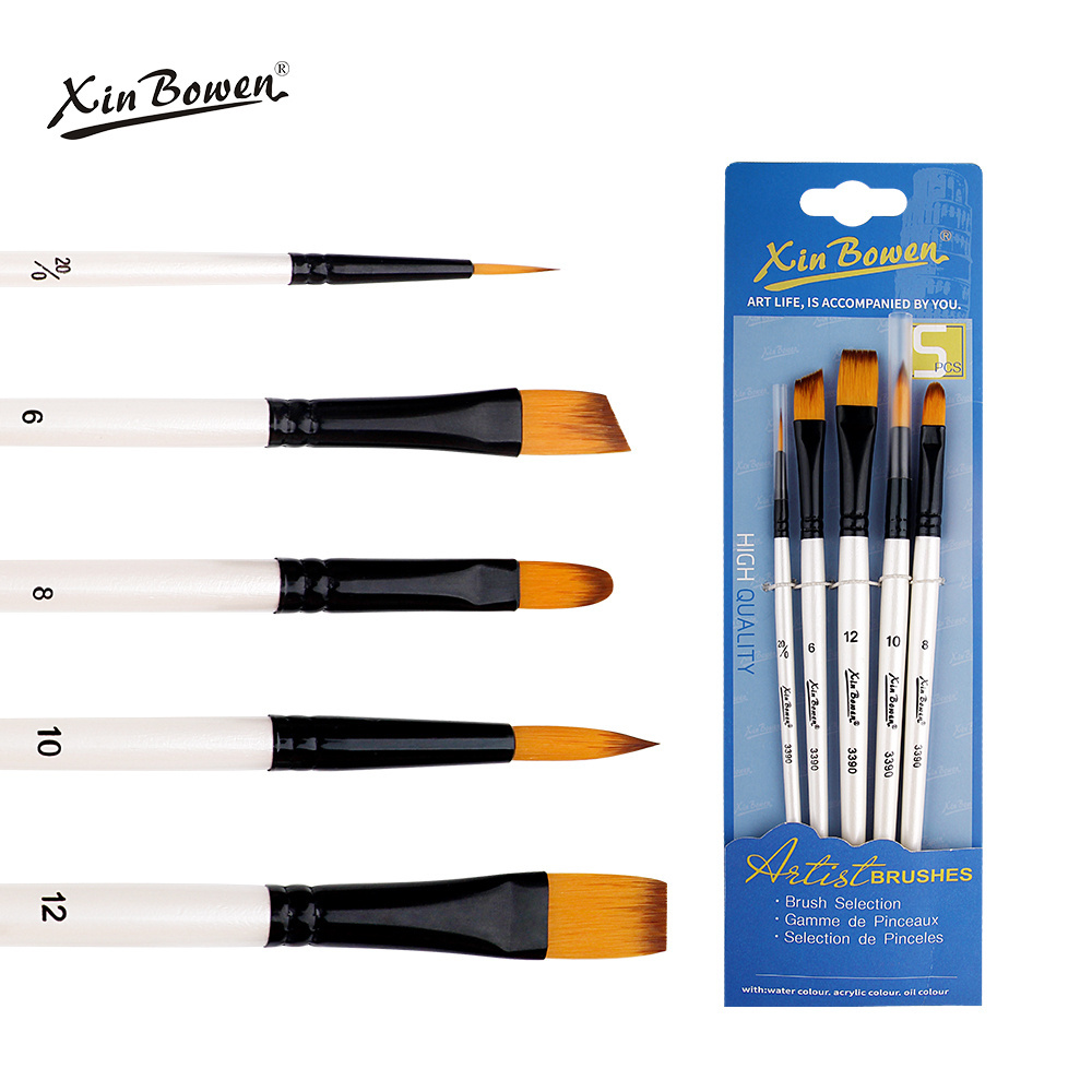 Xin Bowen Manufacturer Supplier Nylon Wool 5 Pcs Artist Watercolor Gouache Drawing Paint Brushes For Art With PVC Bag