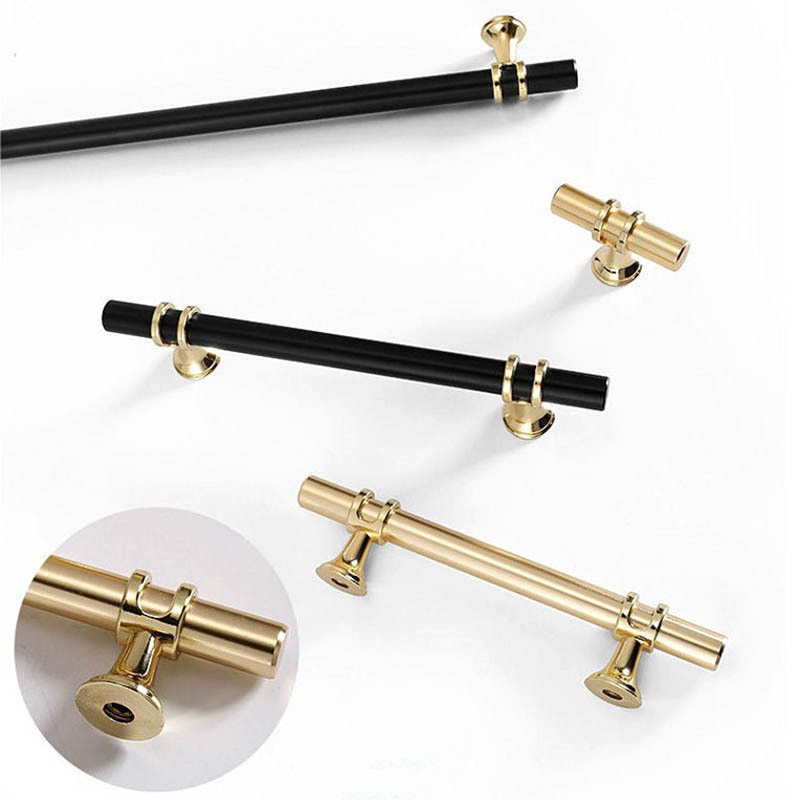 Zinc Alloy Door Handles Black Gold Wardrobe Closet Fancy Cabinet Handles T Bar Home Bedroom Furniture Dresser Drawer Knobs And P