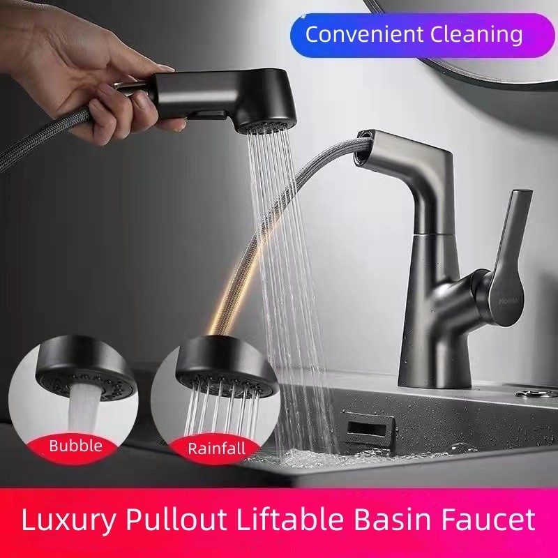 Lifting Bathroom Sink Faucet with Pull Out Sprayer Basin Mixer Tap Lavatory Pull Down Vessel Sink Faucet Rotating Spout Grey