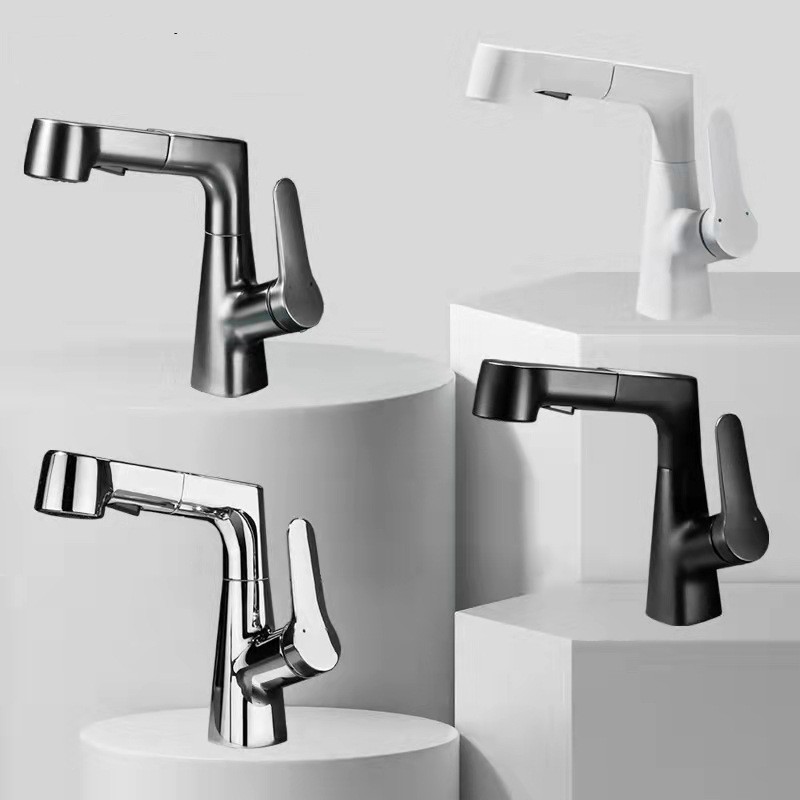 Lifting Bathroom Sink Faucet with Pull Out Sprayer Basin Mixer Tap Lavatory Pull Down Vessel Sink Faucet Rotating Spout Grey