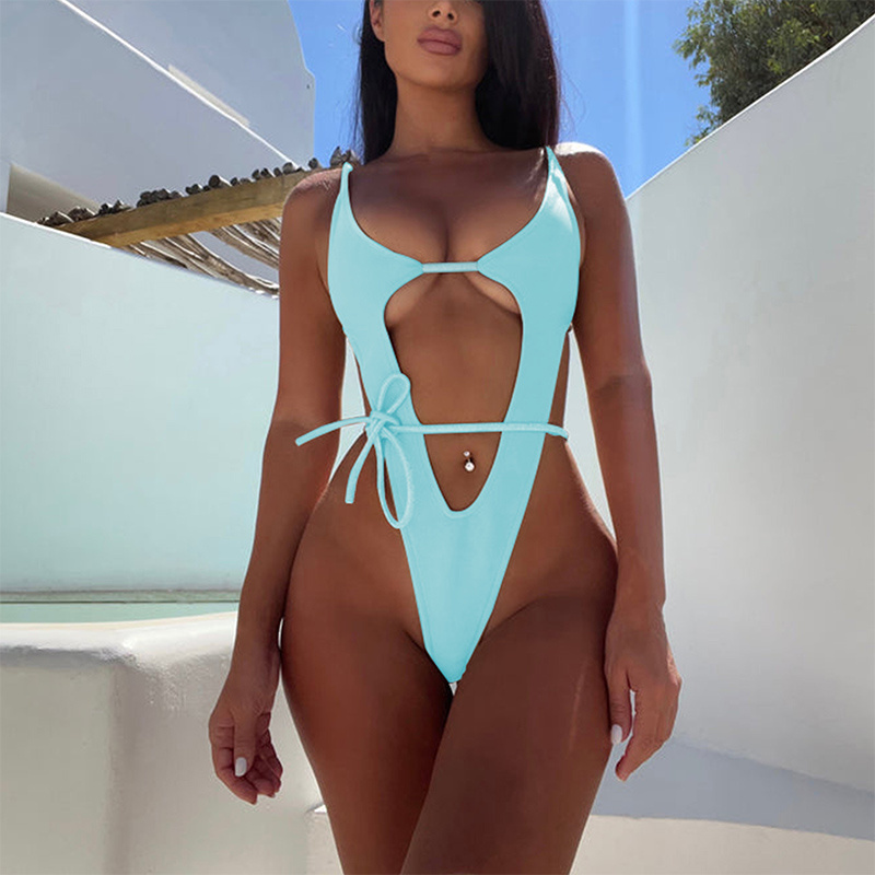 Factory sales New Hot Selling Solid Belted Sexy One Pierce Bikini Beachwear Cut Out Banadeau Swimsuit Women High Slit Swimwear