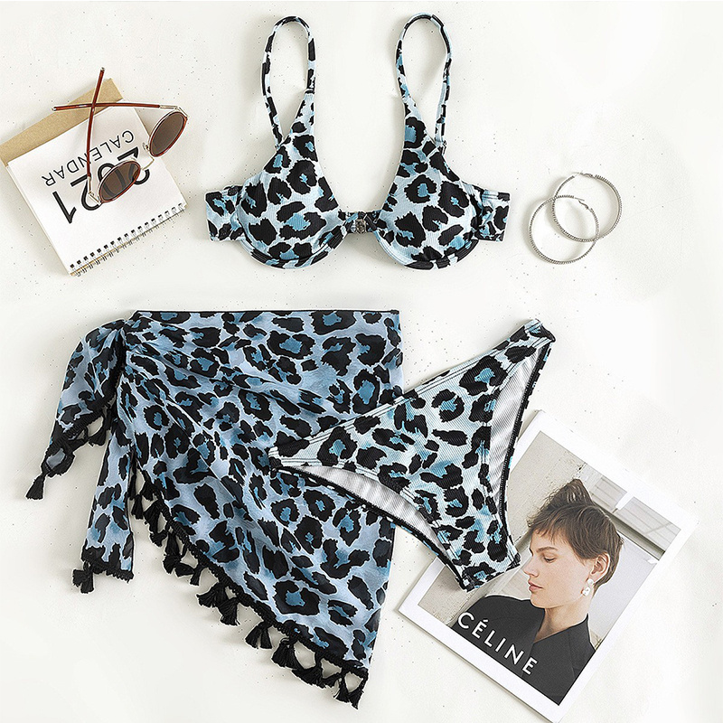 OEM Custom color High Quality Leopard Sexy 3 Piece Mini Micro Bikini Set Swimsuit Women Thong With Skirt Swimwear