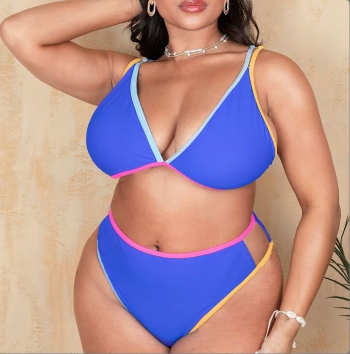 China Factory Wholesale New Solid Plus Size Two Piece Bikini Beach wear High Waist Triangle Swimsuit Women High Slit Swimwear