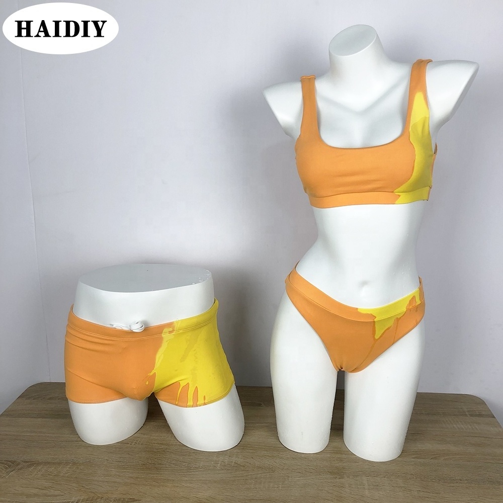 Custom Color Changing Bikini Beachwear Surfing Board Men Swimming Shorts Trunks Couple Matching Swimsuit Women Sexy Swimwear OEM