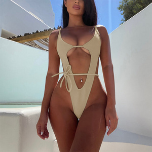 Factory sales New Hot Selling Solid Belted Sexy One Pierce Bikini Beachwear Cut Out Banadeau Swimsuit Women High Slit Swimwear