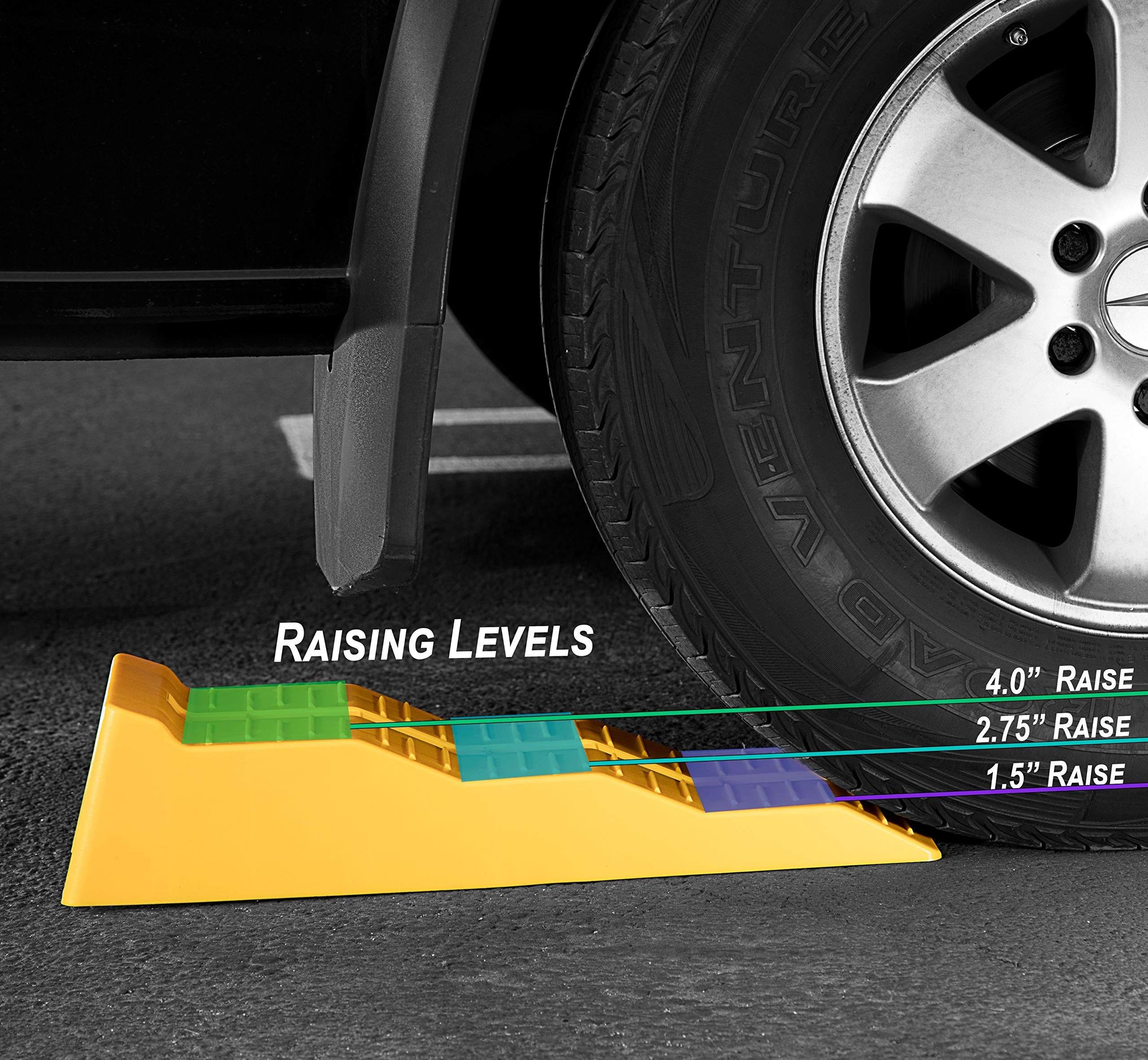 RV Leveling Ramps - Camper or Trailer Leveler/Wheel Chocks for Stabilizing Uneven Ground and Parking - Set of 2 Blocks, Yellow