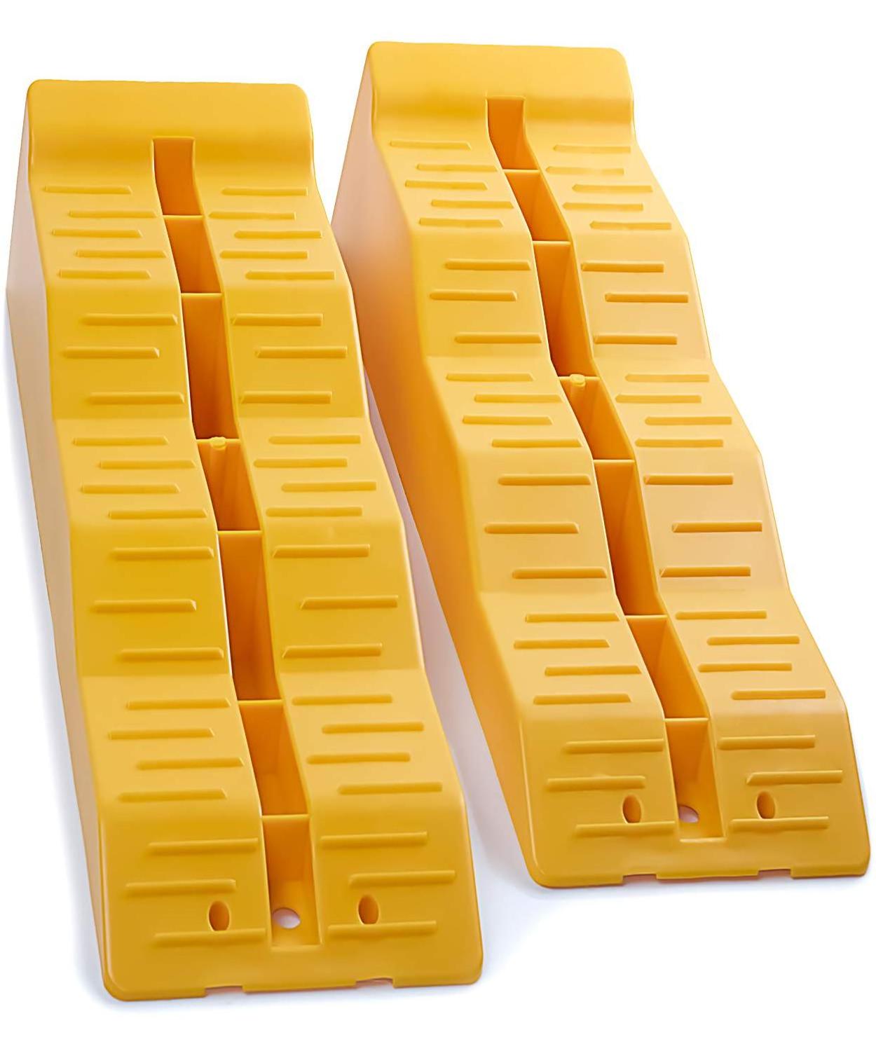 RV Leveling Ramps - Camper or Trailer Leveler/Wheel Chocks for Stabilizing Uneven Ground and Parking - Set of 2 Blocks, Yellow