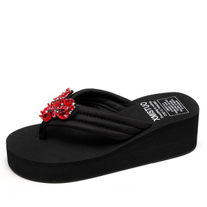 Summer black platform slippers with diamond beach shoes comfortable women's fashion wedge flip flops