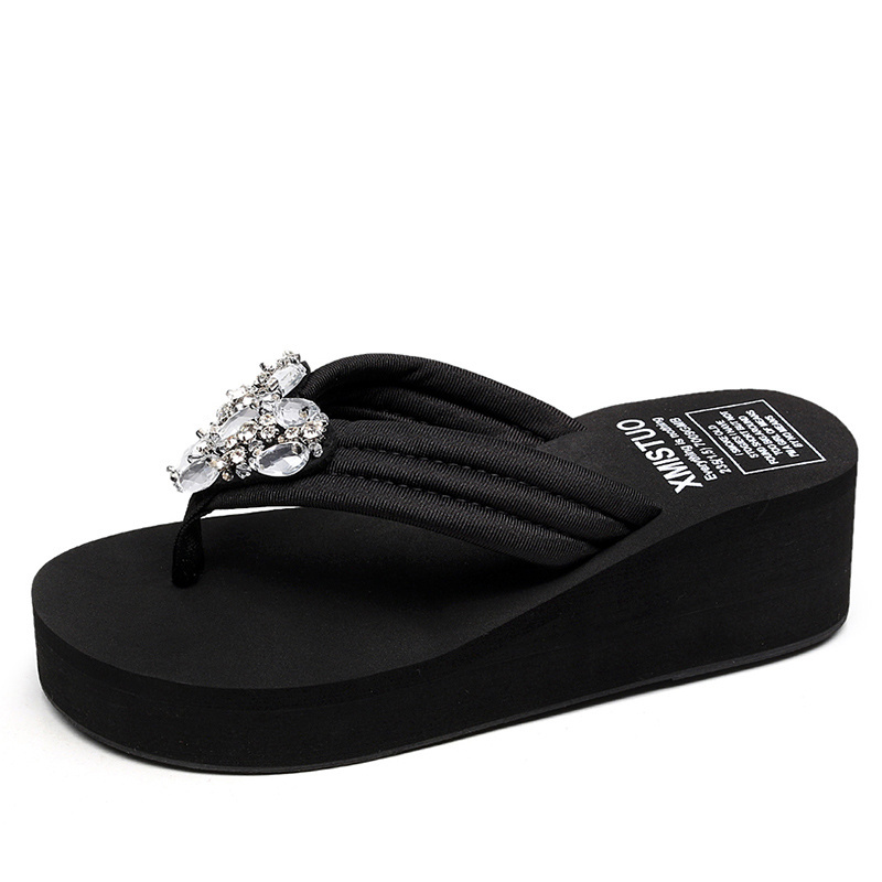 Summer black platform slippers with diamond beach shoes comfortable women's fashion wedge flip flops