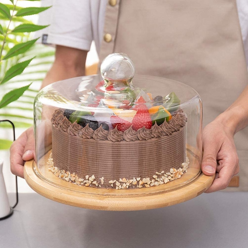 Glass Dome with Wooden Base Mini Cake Stand Glass Display Dome Cloche Clear Glass Bell Jar Cover for Dessert Cheese Candy