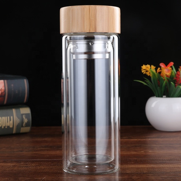 Factory Top Seller Travel Infuser Mug Bamboo Lid Double Wall Vacuum 400ml Glass Tea Bottle with Stainless Steel Tea Infuser