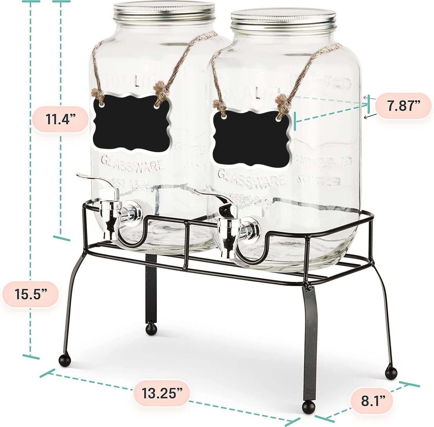 Set of 2 1 Gallon Glass Jar Beverage Dispensers Glass Drink Mason Jar Punch Dispenser with Stand Stainless Steel Spigot