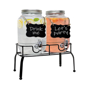 Set of 2 1 Gallon Glass Jar Beverage Dispensers Glass Drink Mason Jar Punch Dispenser with Stand Stainless Steel Spigot