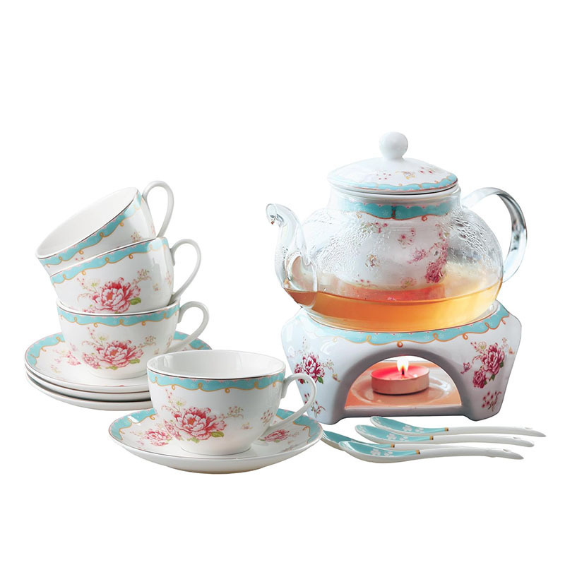 Wholesale Fine China Flower Series Porcelain Glass Tea Sets Ceramic Tea Cup Saucer Set with Teapot Warmer