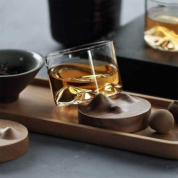 High Borosilicate Cup Double-layer Coffee Mugs Coffee glass tumbler tee Big Belly Water Cup with wooden base