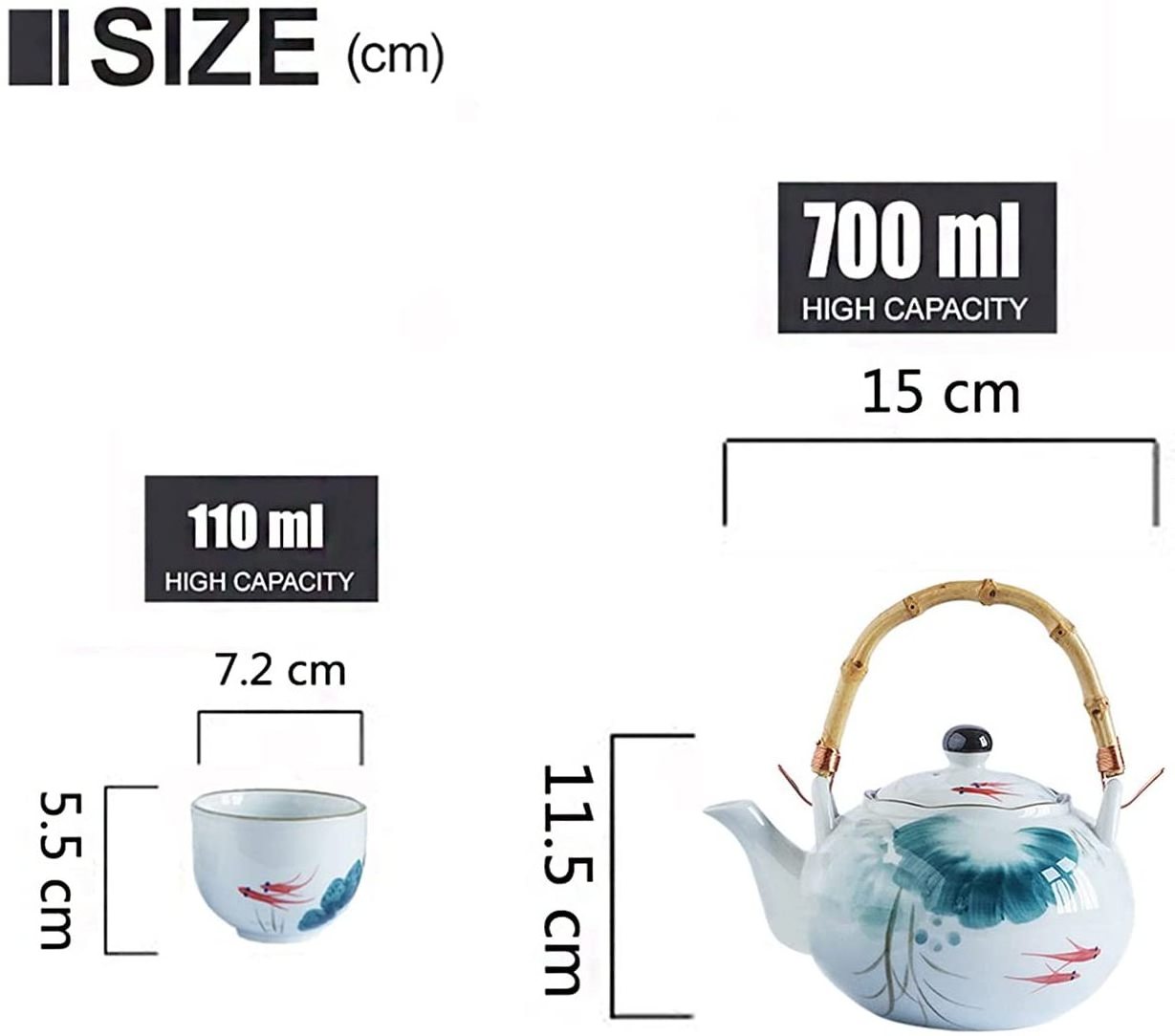 Beautiful Asian Porcelain Art Teapot Set Ceramic Tea Sets 4 Cups and 24oz Tea Pot with Bamboo Handle Japanese Tea Kettle