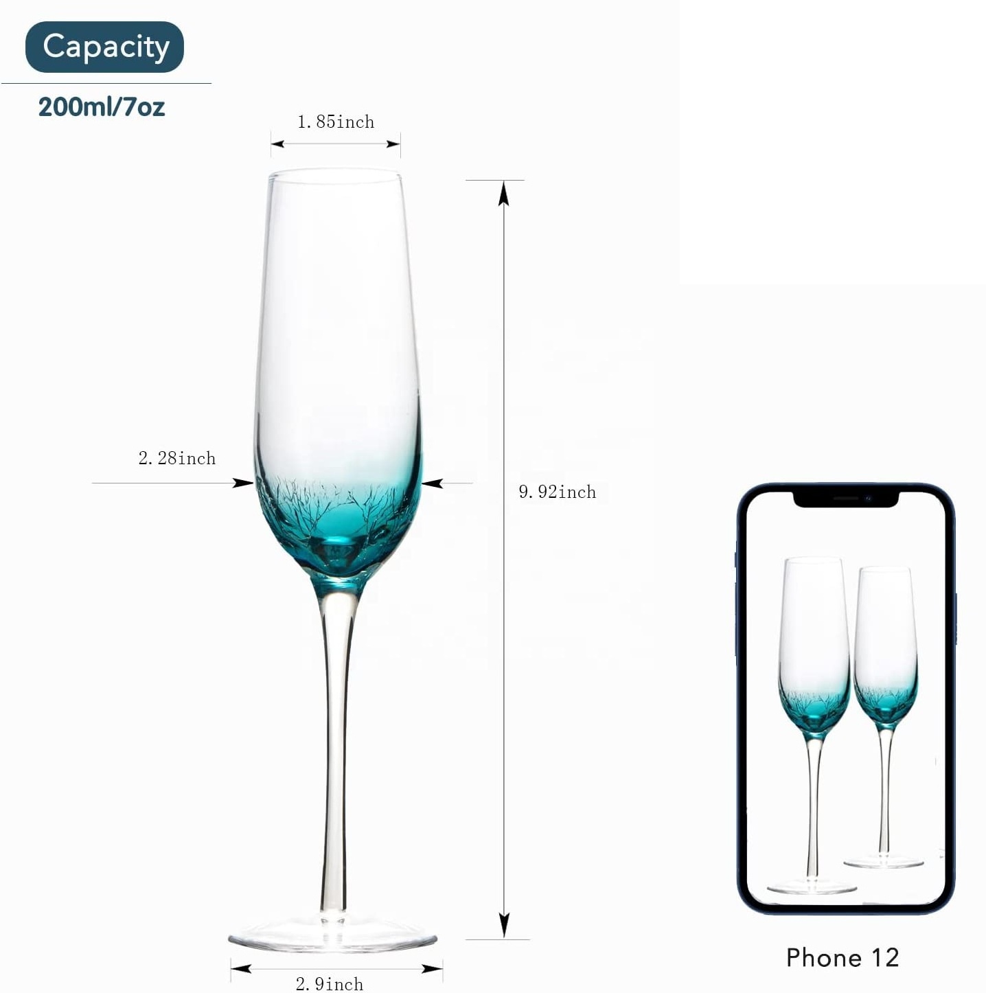 High Quality Hand Blown Customized Design Lead Free Stemmed Personalized Blue Colored Crackle Wine Glasses Champagne Flutes