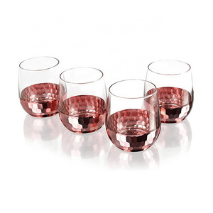 Stemless Wine Glasses Handmade Hammered Bottom honeycomb Base Copper Tone Rose Gold Red White Wine Glasses