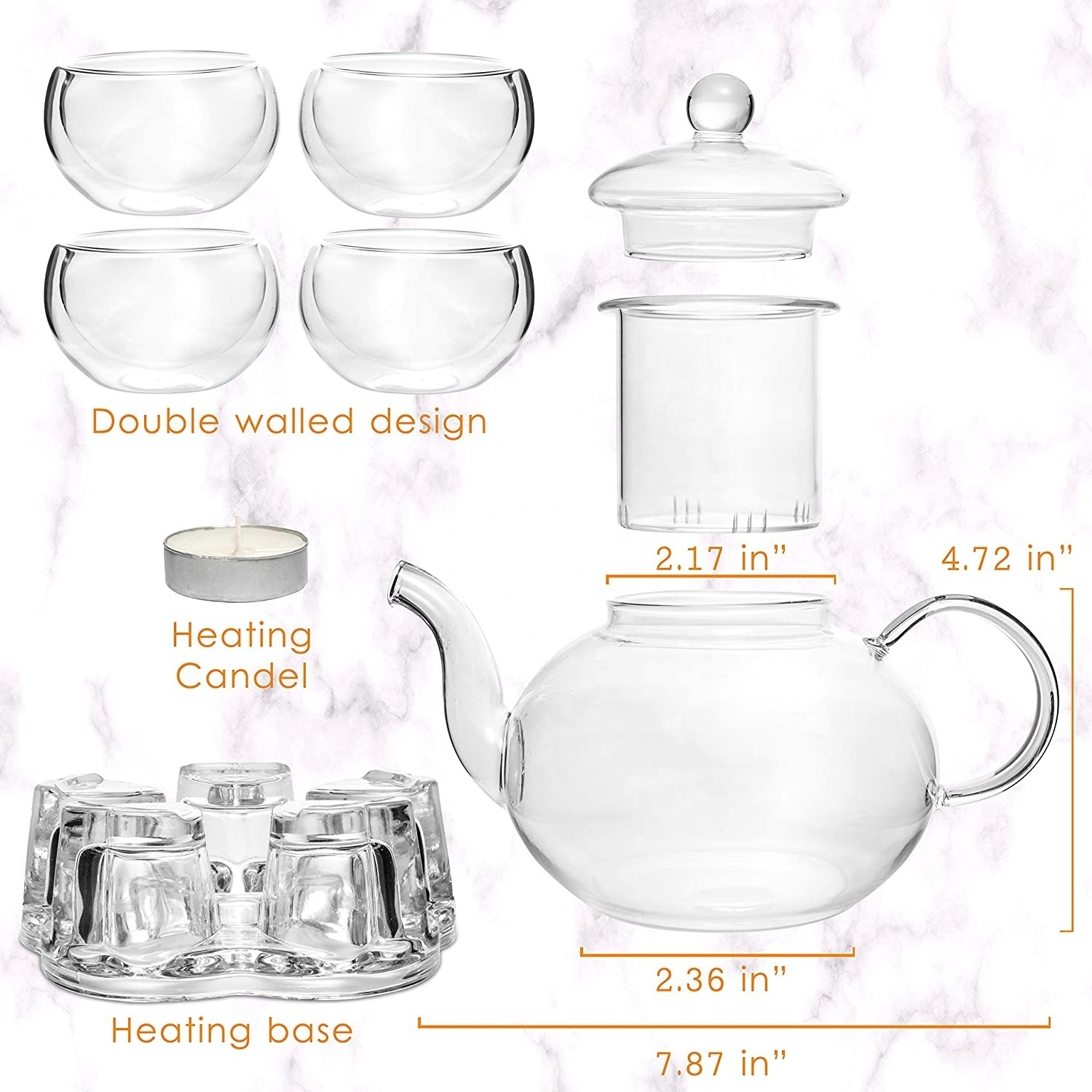 high quality glass transparent handblown heat resistant candlestick Kung fu flower teapot and tea cups set with warmer