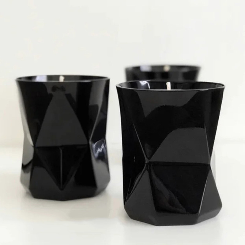 Geometric Cut Vintage Matte Black Empty Glass Candle Jar for Candle Making