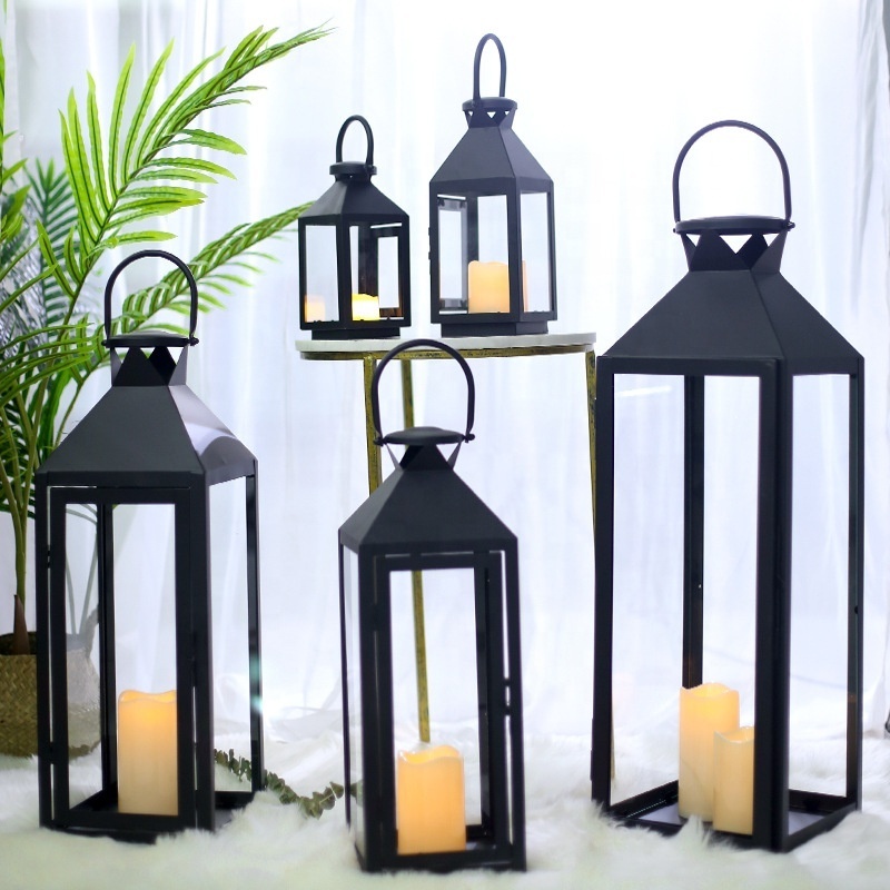 Home Decorative Antique Metal Classical Candle Lantern Windproof Large Small Size Black Metal Glass Candle Lantern