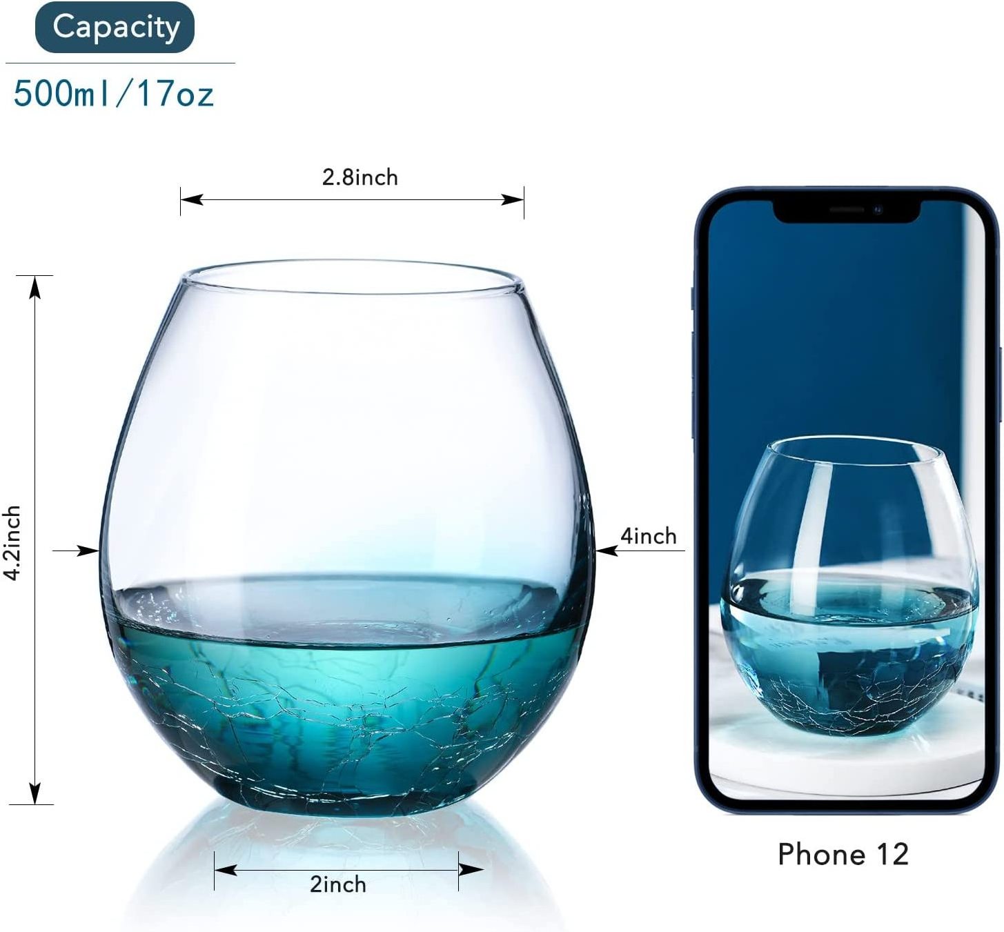 Hand Blown Lead-Free Glassware Stemless Wine Glass Blue Ice Crackle Stemless Wine Glasses Whiskey Tumbler Drinking Glasses