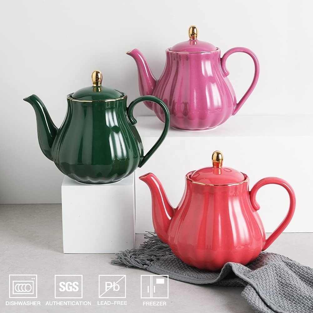 28 Ounce Porcelain Teapot Removable Stainless Steel Infuser Pumpkin Fluted Shade Ceramic Blooming Loose Leaf Large Tea Pot