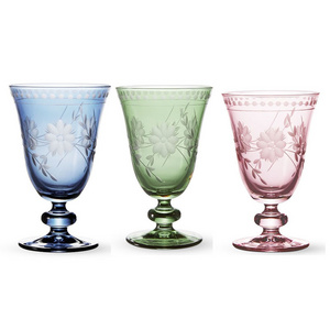 Premium Quality Luxury Glasses Hand Carving Engraved Wine Glasses Blue Pink Green Vintage Flora Etched Wine Water Glass Goblets