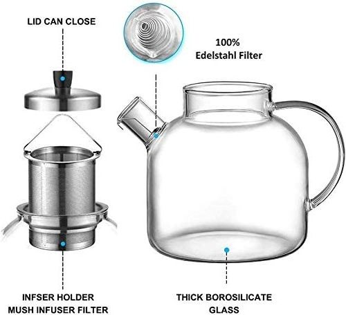 Glass Teapot 1500ml Stovetop Safe Tea Kettle with Infuser Borosilicate Glass Water Jug Clear Tea Pot Maker for Loose Leaf Tea