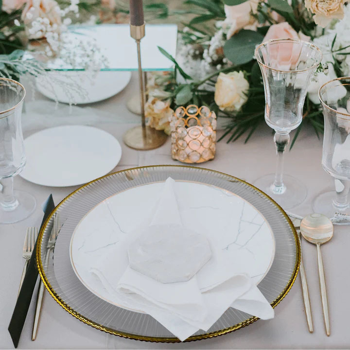 Set of 4 13 inch Wholesale Clear Ribbed Dinner Plates Black Rim Gold and Rose Gold Banded Glass Charger Plates