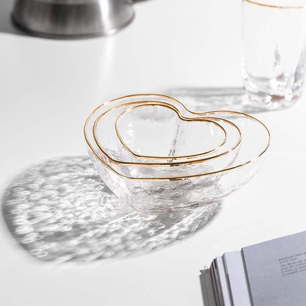 High Quality Glass Salad Bowl Heart Shape Fruit Ice Cream Soup Candy Dishes Serving Bowl with Gold Rim