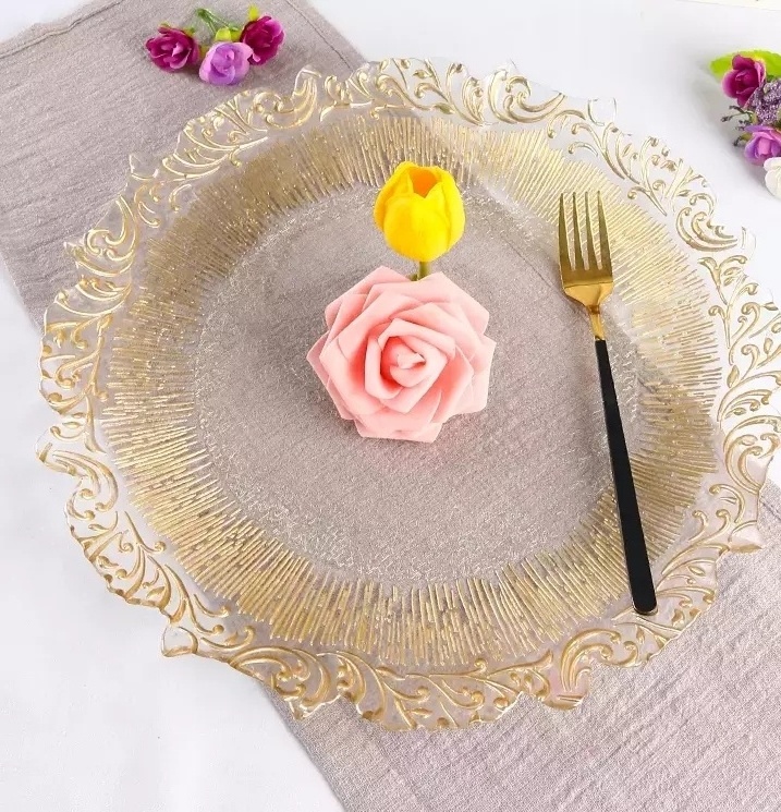 Cheap Silver Rim Wedding Glass Charger Plates Gold Rim Glitter Glass Dinnerware Set Plate Dinning Tableware For Wedding Party