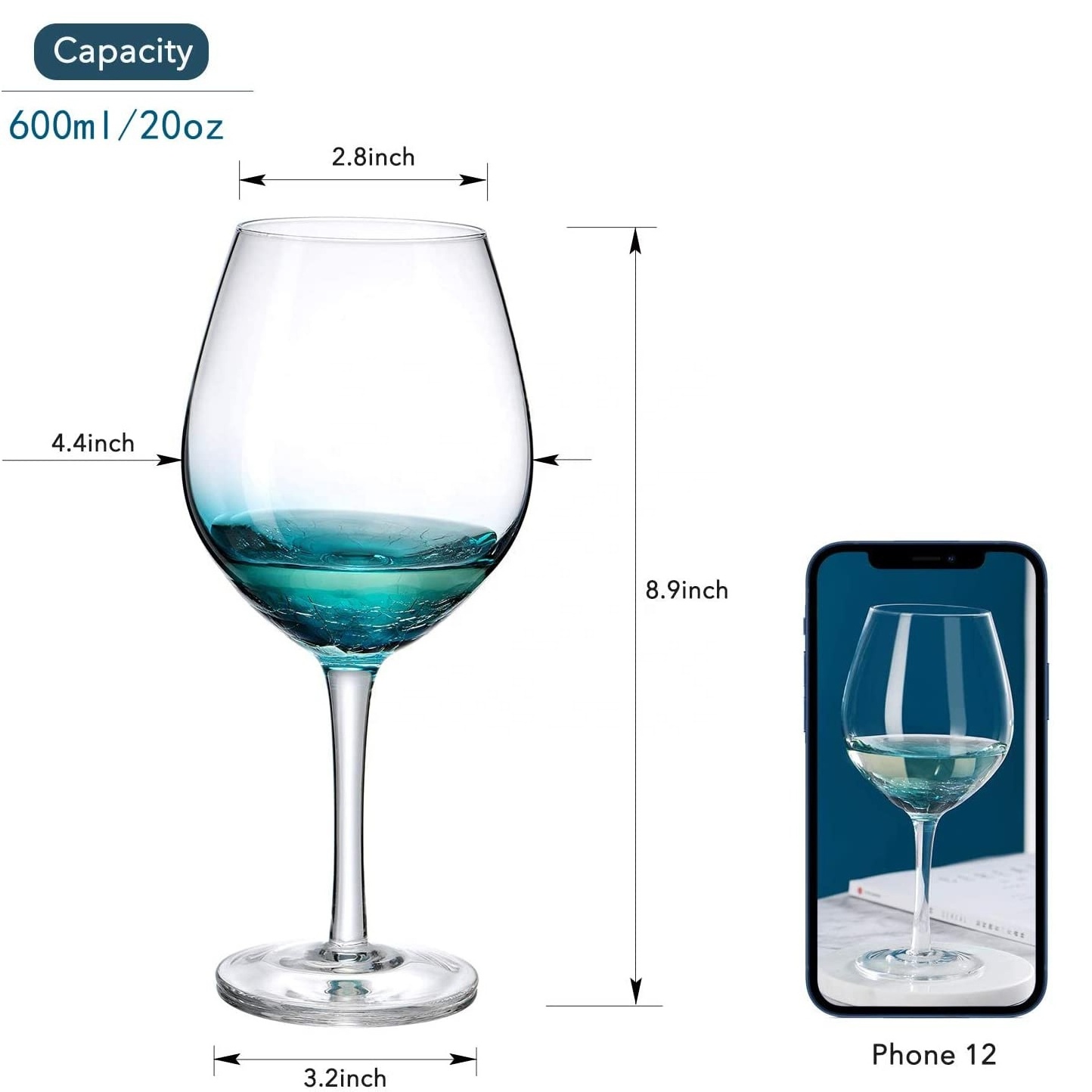 High Quality Hand Blown Customized Design Lead Free Stemmed Personalized Blue Colored Crackle Wine Glasses Champagne Flutes