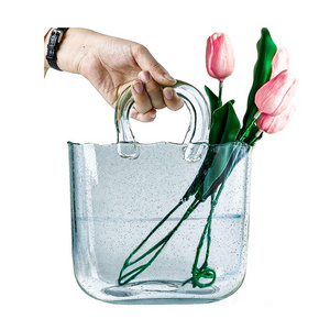 Handmade Glass Bag Vase Unique Wide Mouth Bubble Handbag Flower Vases For Home Decorative