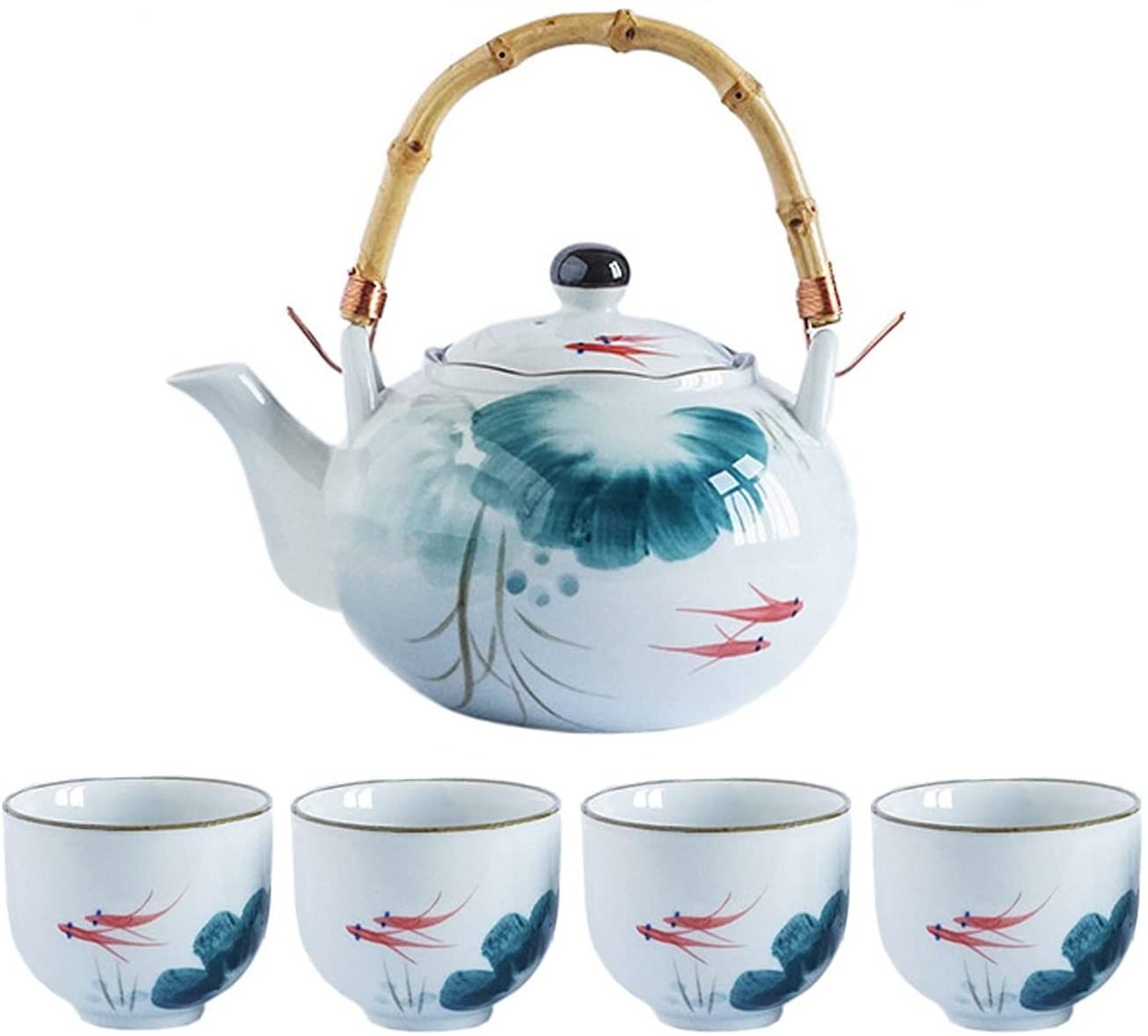 Beautiful Asian Porcelain Art Teapot Set Ceramic Tea Sets 4 Cups and 24oz Tea Pot with Bamboo Handle Japanese Tea Kettle