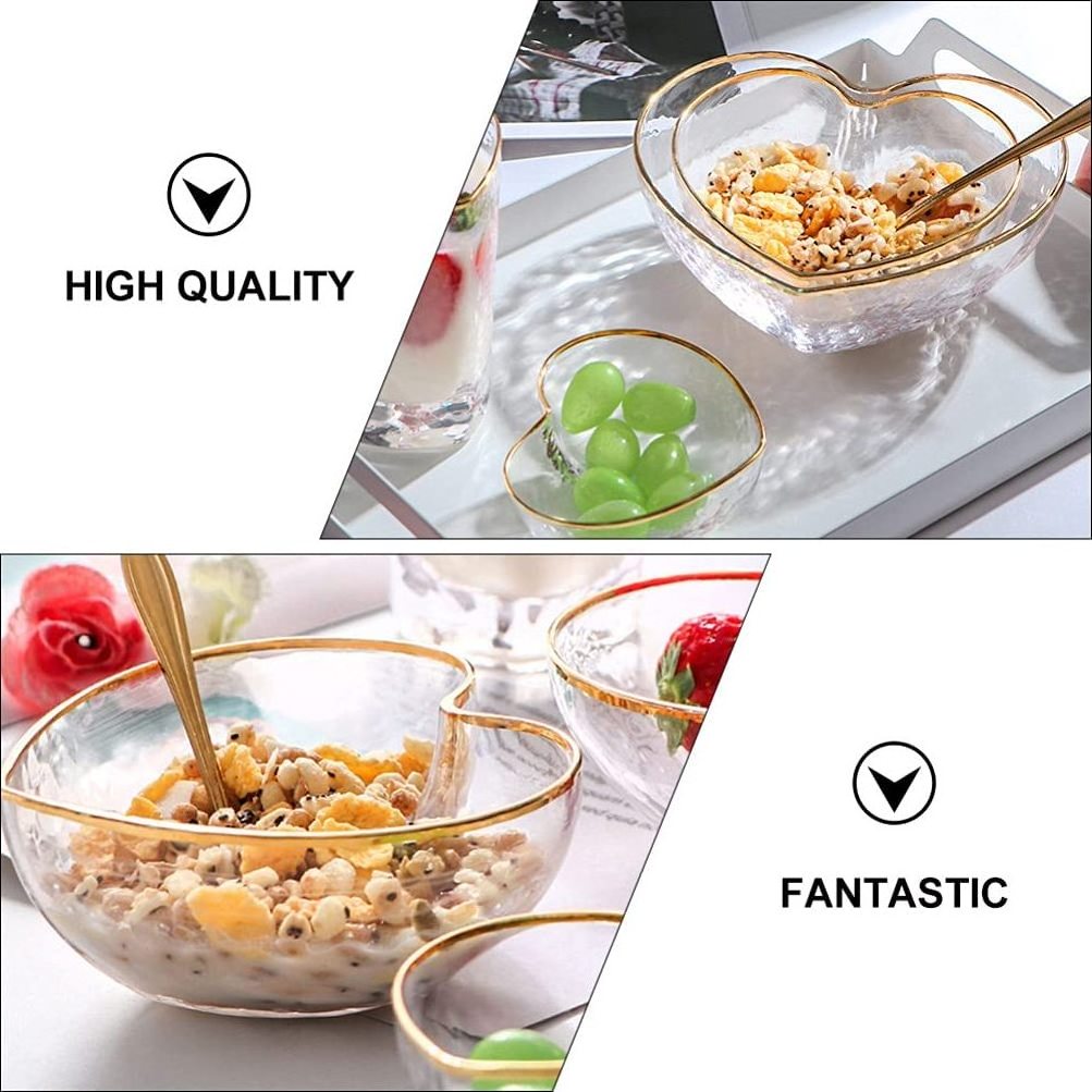 High Quality Glass Salad Bowl Heart Shape Fruit Ice Cream Soup Candy Dishes Serving Bowl with Gold Rim