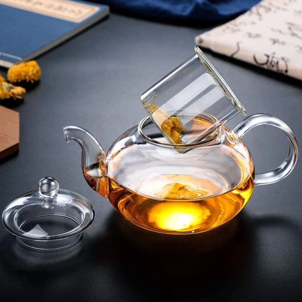 High Quality  Hot Sale Heat Tempered Clear Glass Tea Pot Blooming Glass Flower Teapot With Infuser Loose Leaf Tea Pots Maker