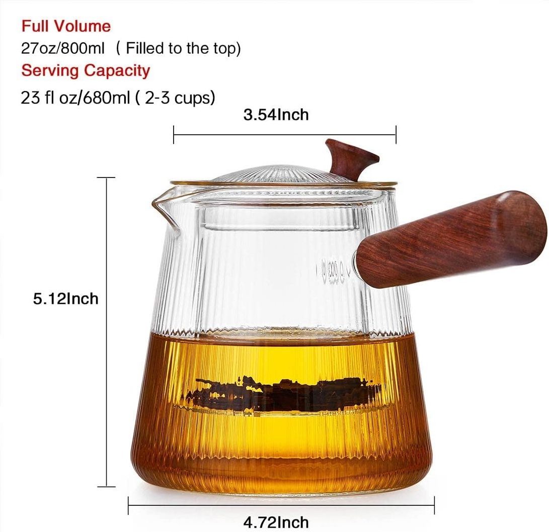 800ml Tea Kettle with Infuser Wood Handle Borosilicate Vertical Stripes Ribbed Heat Resistant Glass Tea Maker Glass Tea Pot