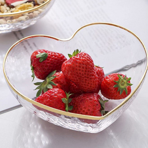 High Quality Glass Salad Bowl Heart Shape Fruit Ice Cream Soup Candy Dishes Serving Bowl with Gold Rim