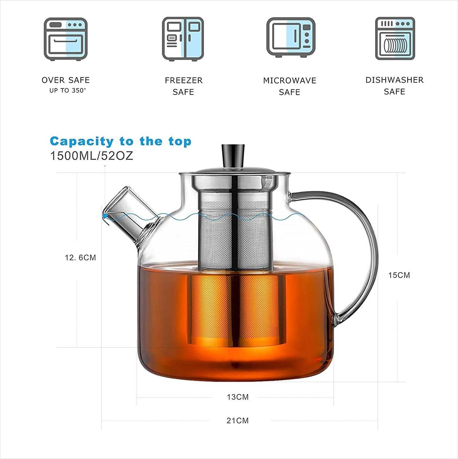 Glass Teapot 1500ml Stovetop Safe Tea Kettle with Infuser Borosilicate Glass Water Jug Clear Tea Pot Maker for Loose Leaf Tea