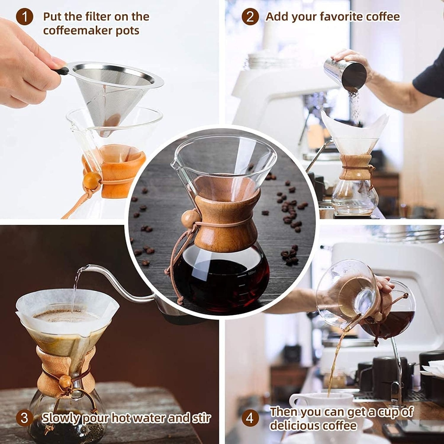 Classic Series Reusable 304 Stainless Steel Filter Manual Coffee Dripper Brewer Drip Glass Pour Over Coffee Maker