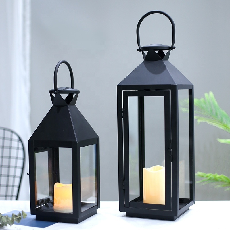 Home Decorative Antique Metal Classical Candle Lantern Windproof Large Small Size Black Metal Glass Candle Lantern