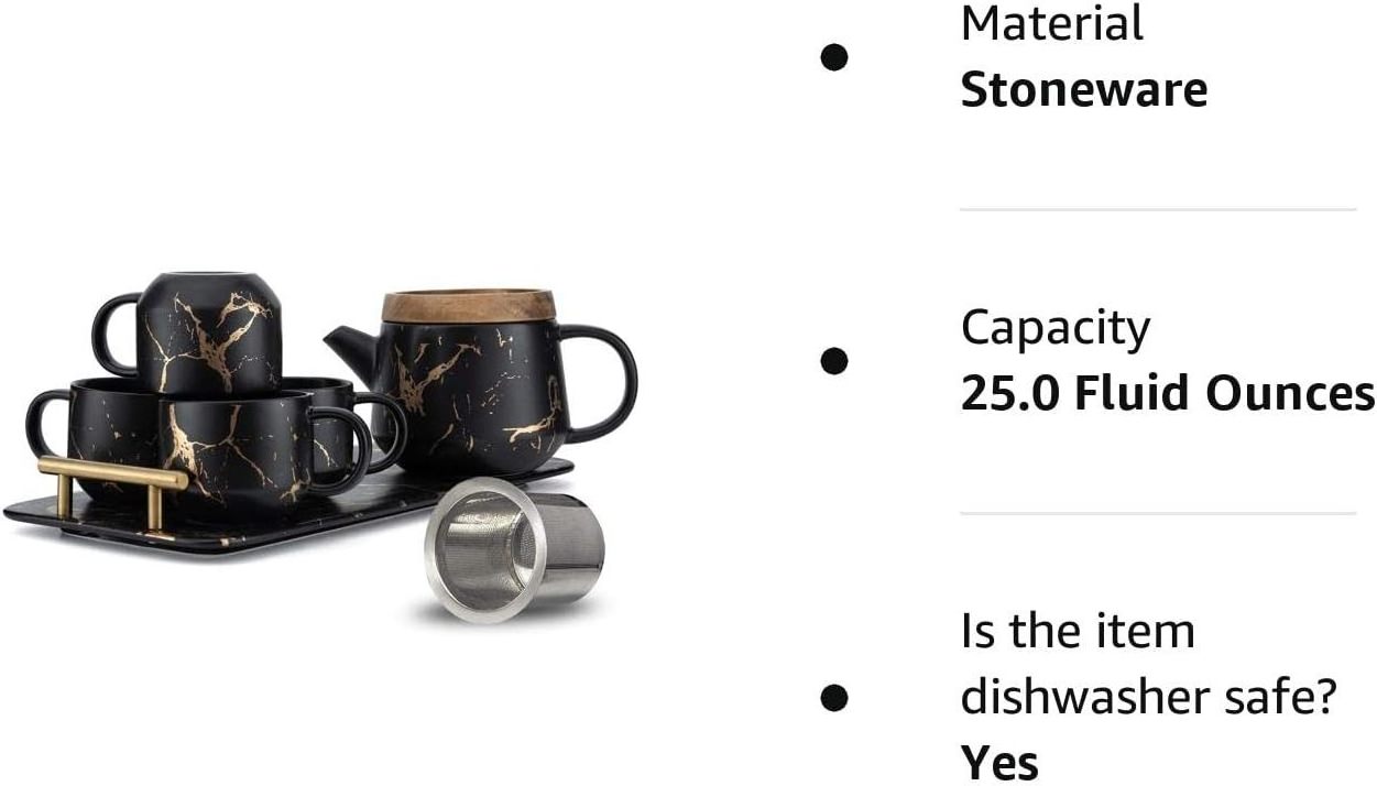 Wholesale Teapot and Cup Custom Marble Design Black Ceramic White Porcelain Tea Pot Cup Set with Infuser Tray