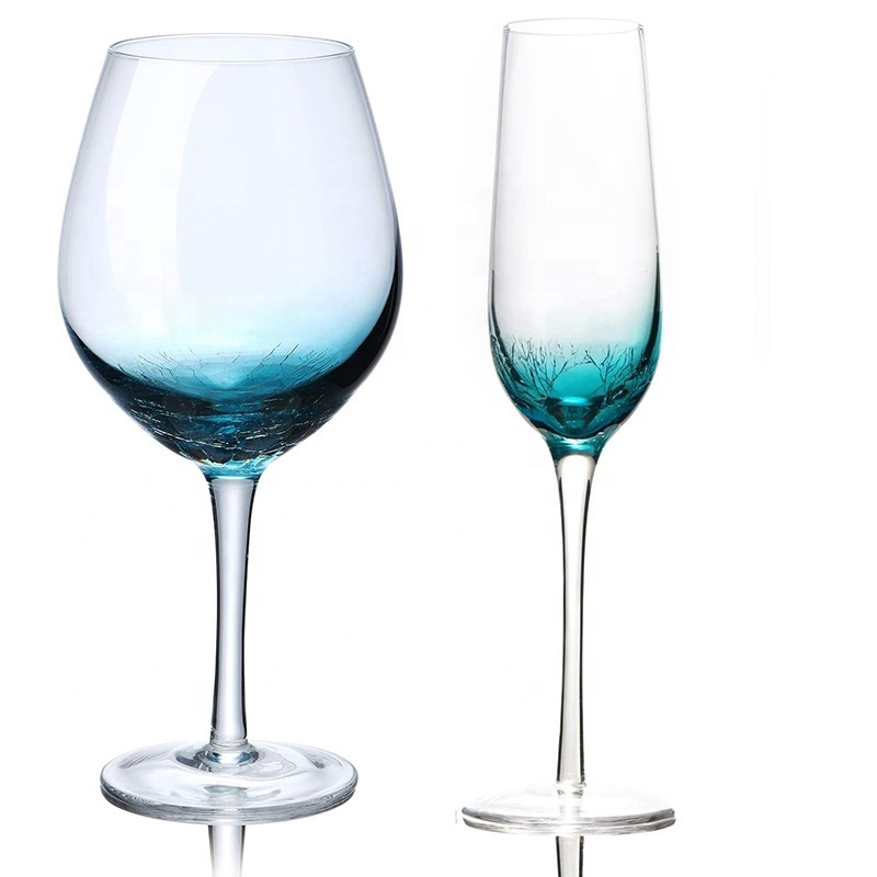 High Quality Hand Blown Customized Design Lead Free Stemmed Personalized Blue Colored Crackle Wine Glasses Champagne Flutes