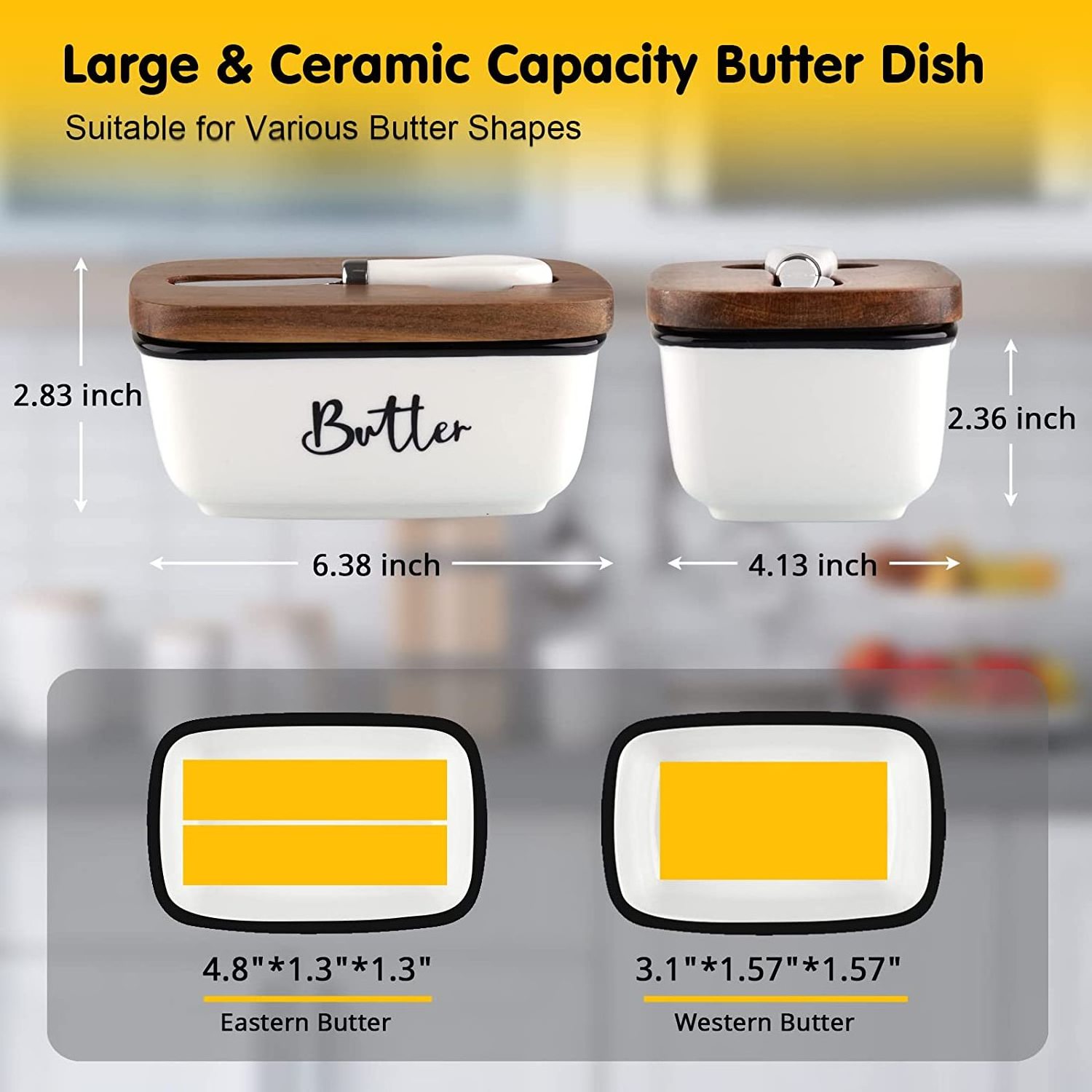 Hot Sale Fridge Airtight Butter Keeper Thick Acacia Wood Lid Vintage Ceramic Butter Container Dish with Lid and Knife